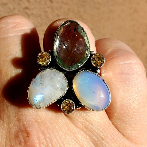 New Rutile Quartz, Opalite, Citrine & Rainbow Moonstone 925 Silver Ring. - Picture 6 of 14